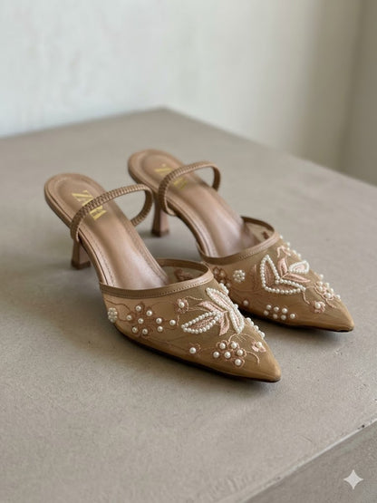 Pearl & Sequin Embellished Mesh Mules