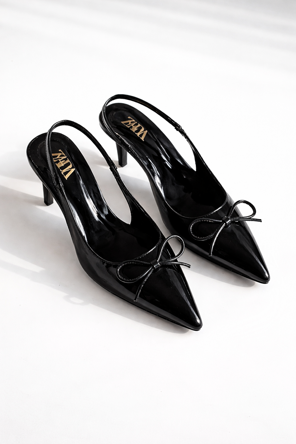Patent Pointed-Toe Slingback Kitten Heels with Bow Detail