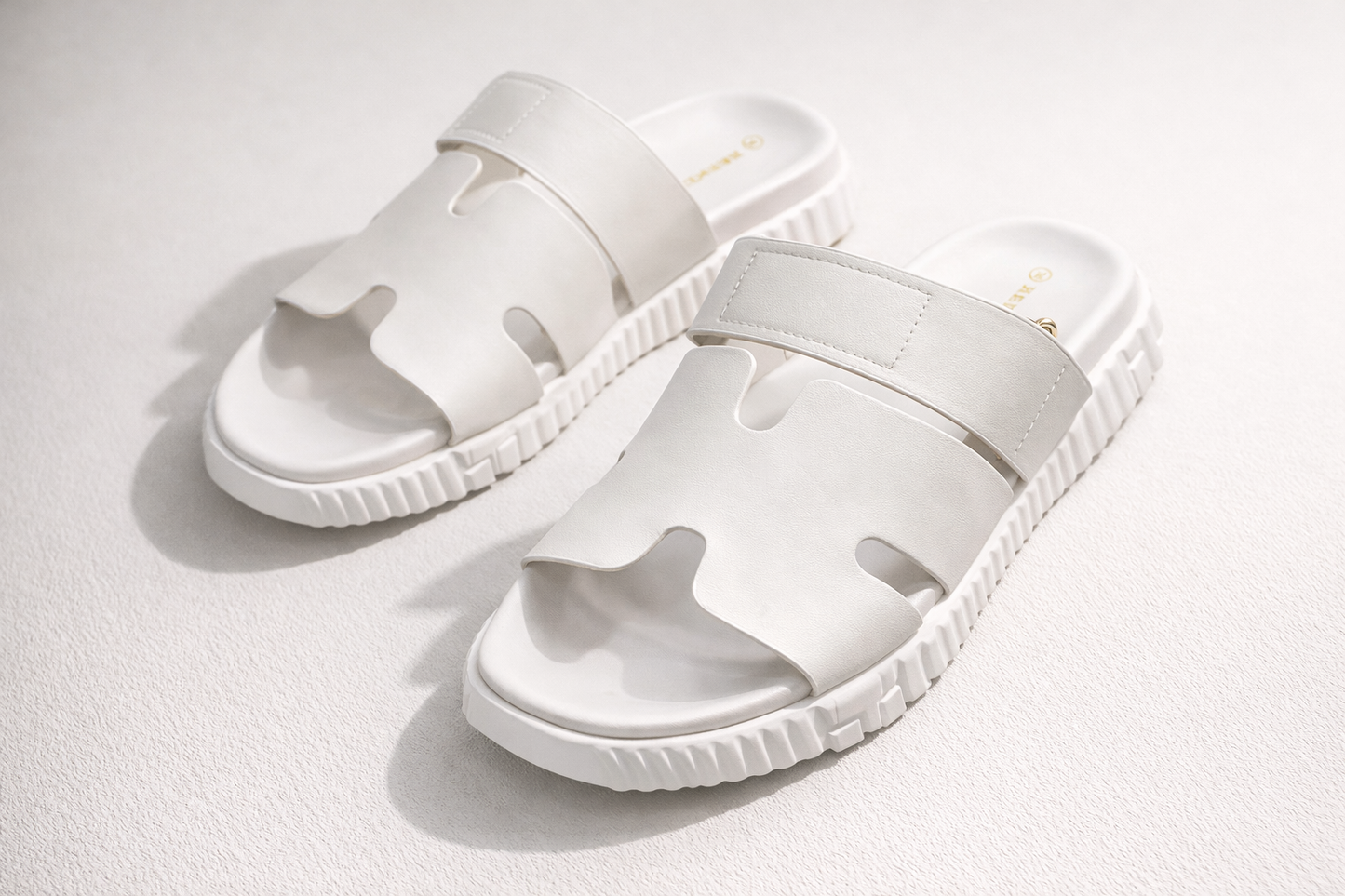 Cut-Out Wide Strap Slide Sandals with Serrated Platform Sole
