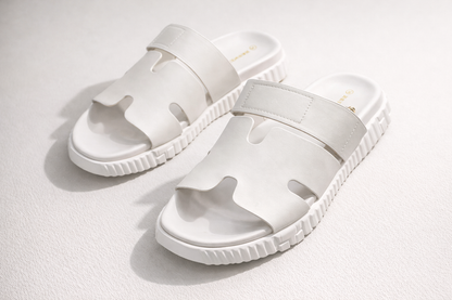 Cut-Out Wide Strap Slide Sandals with Serrated Platform Sole