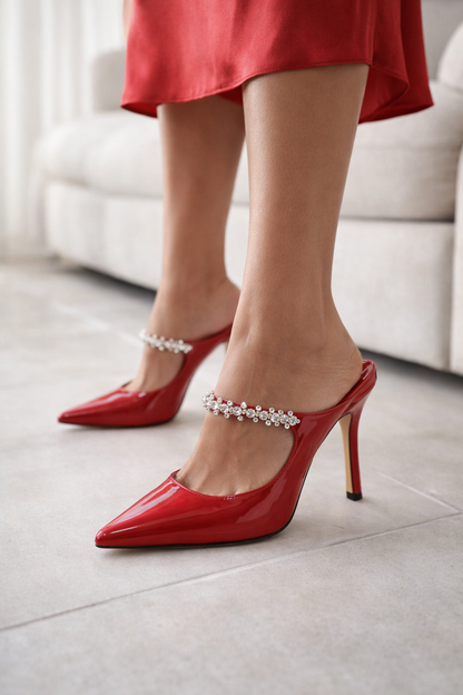 Crystal Strap Pointed-Toe Mules