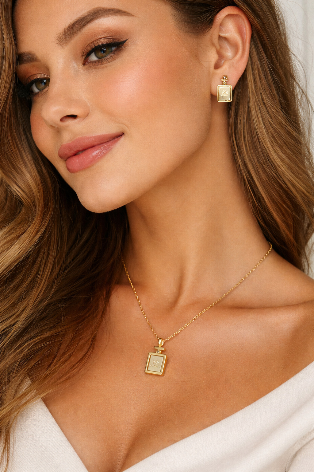 Gold Bottle Necklace & Earrings Set