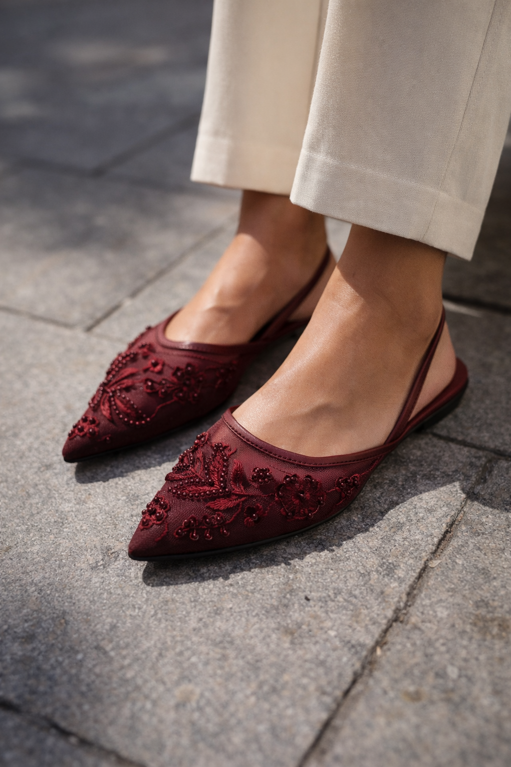 Mesh Pointed Toe Beaded Slingback Flats