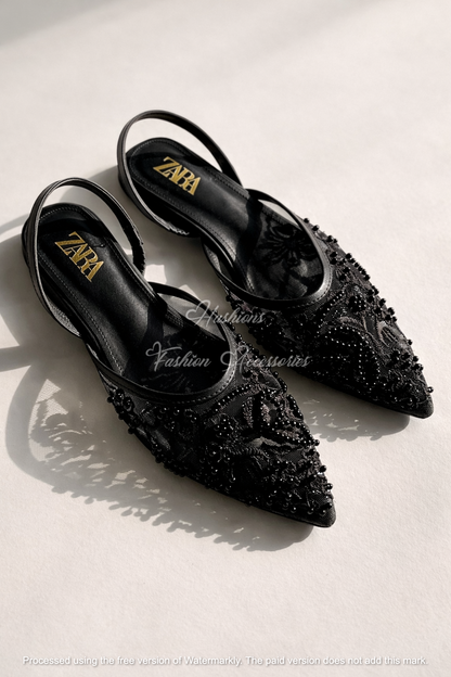 Pointed Toe Embellished Mesh Slingback Flats – Bridal & Evening Shoes