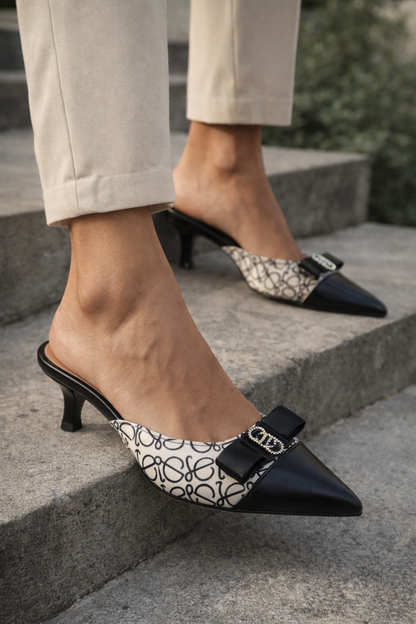 Monogram Bow Kitten Heel Mules – Pointed Toe Slip-On Pumps
