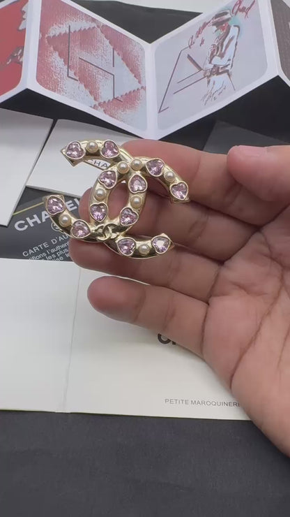 Gold Tone Interlocking C Brooch with Pink Crystal Hearts & Pearls – Luxury Statement Pin