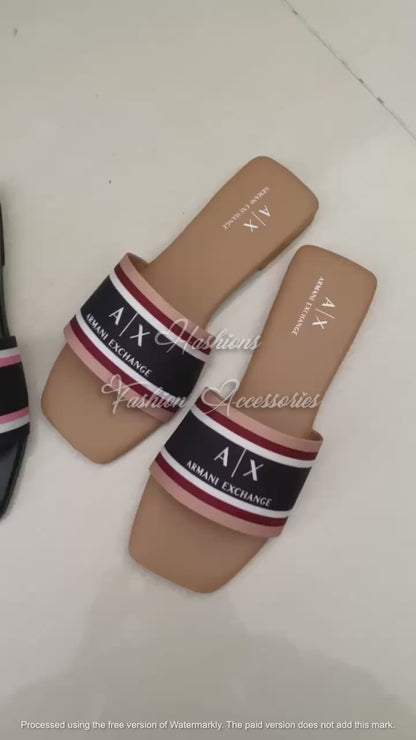 Striped Band Flat Slides – Black & Nude | Square Toe Slip-On Sandals for Women