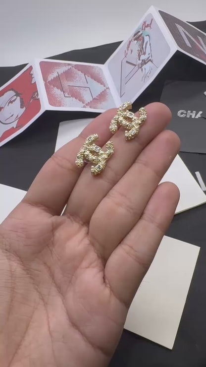 Pearl & Crystal Double-C Style Stud Earrings – Gold Tone Statement Earrings for Women