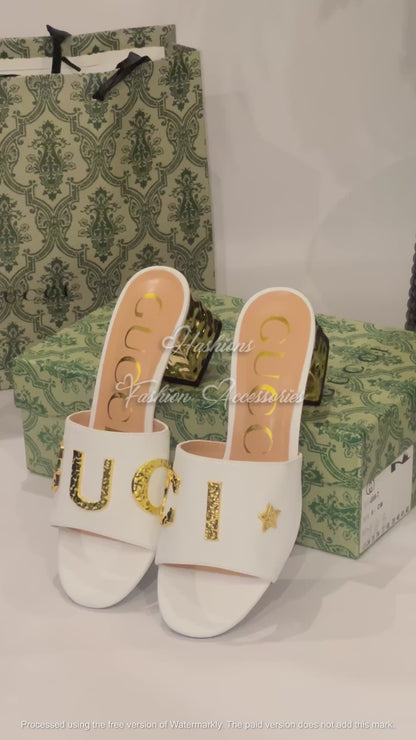 Gold Accent Block Heels – Women’s Luxury Statement Slides (Black, White & Nude)