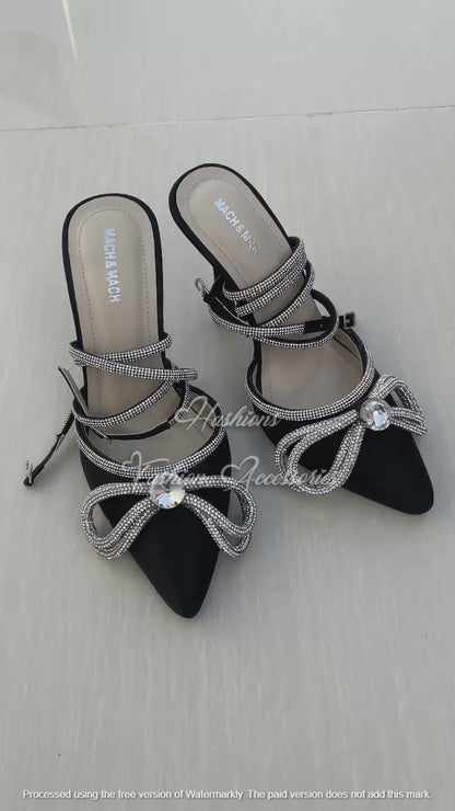 Mach & Mach Double Bow Crystal Embellished Heels – Black Satin