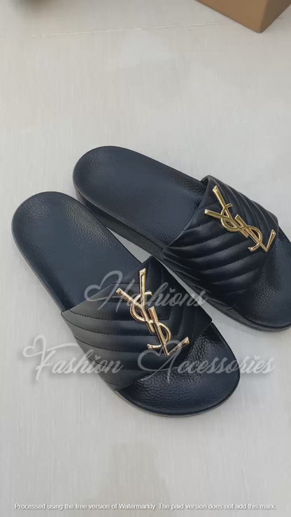 YSL Saint Laurent Quilted Slides – Black with Gold Monogram