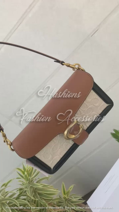 Classic Coach C-Buckle Shoulder Bag – Tan & Canvas Elegance