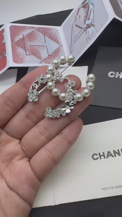 Pearl & Crystal Interlocking C-Shape Brooch – Silver Tone Statement Brooch for Women