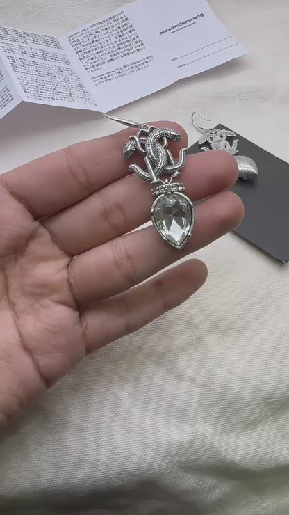 Antique Silver Snake Drop Earrings with Crystal Teardrop Stone