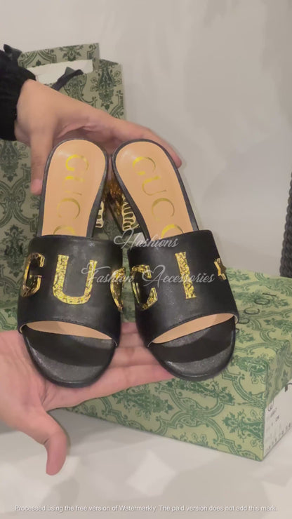 Gold Accent Block Heels – Women’s Luxury Statement Slides (Black, White & Nude)