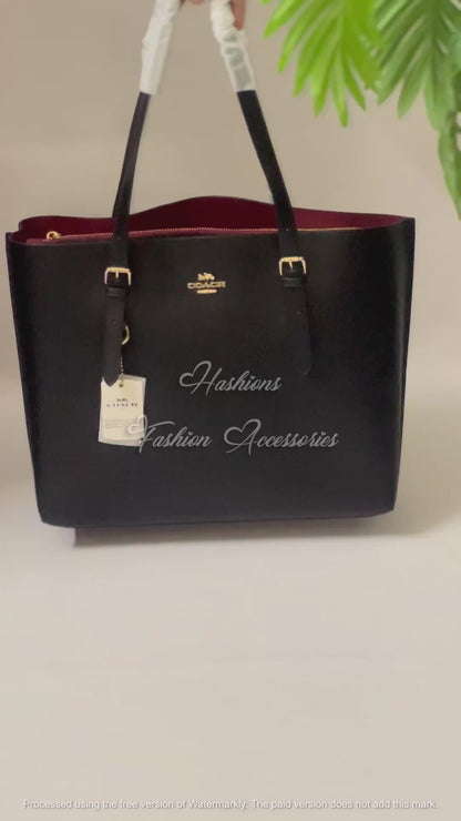 Large Black Zip-Top Tote Bag – 18" Work Shoulder Bag with Red Lining