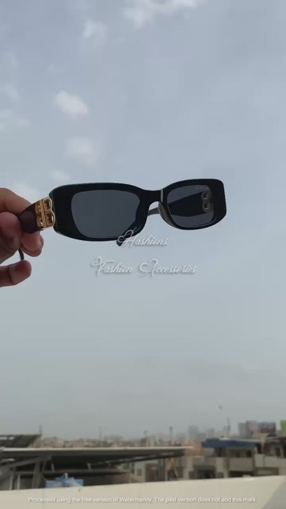 Balenciaga “BB Rectangle” Sunglasses – Glossy Black Frame | Gold-Tone Logo