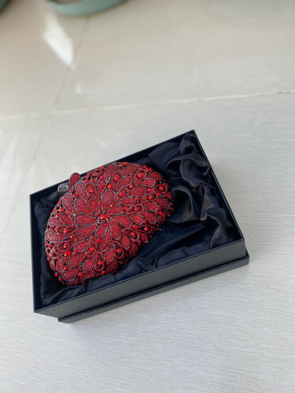 Red Glossy Evening Clutch with Metallic Detailing – Elegant Party & Wedding Purse for Women