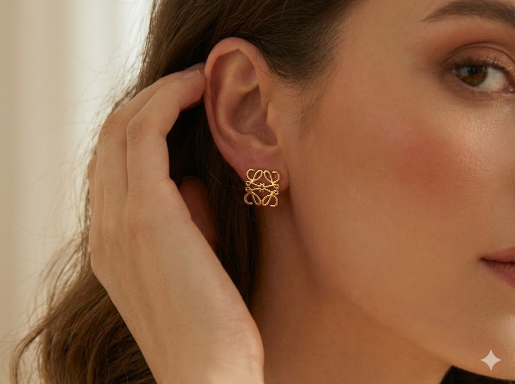 Gold-Tone Geometric Anagram Square Stud Earrings with Open-Work Design