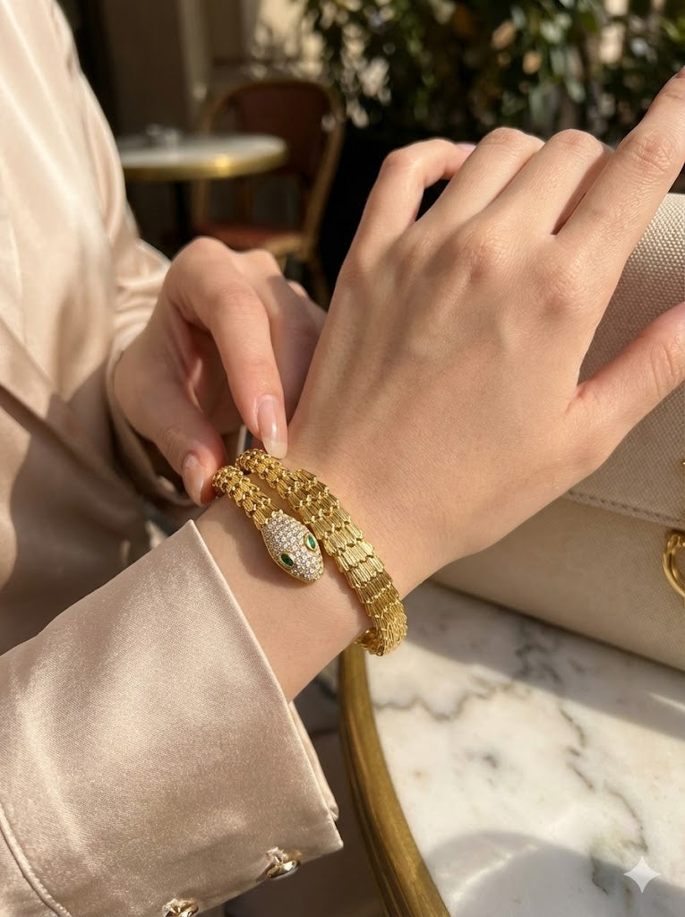 Gold-Tone Serpent Wrap Bangle with Crystal Pave Head & Emerald-Color Eyes