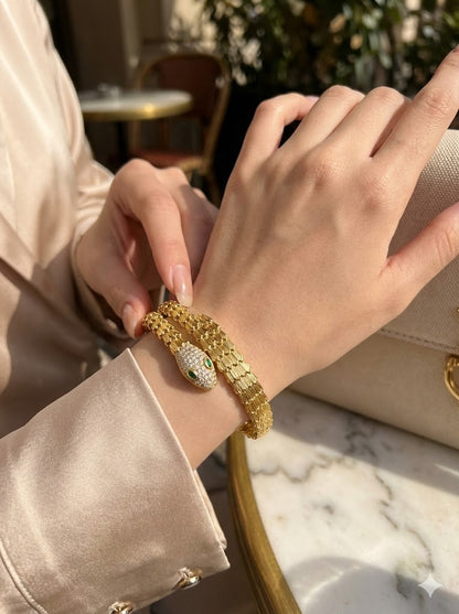 Gold-Tone Serpent Wrap Bangle with Crystal Pave Head & Emerald-Color Eyes