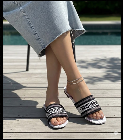 Premium Embroidered Floral Slides – Handcrafted Designer Flat Sandals for Women