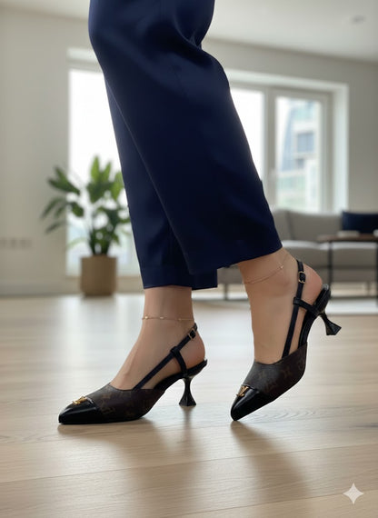 Monogram Pointed Toe Slingback Kitten Heels